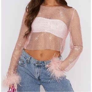 Day & Night Long Sleeve Crop Baby Pink White Fox Rhinestone Mesh Feather Top M/L